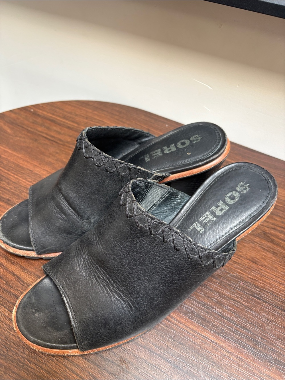 Sorel Nadia Black Leather Mule Heels Open Toe Womens 7 Boho Bohemian Casual